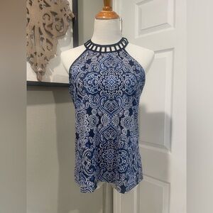 Blue & White Women Tank Top With Two Silver Buttons On The Back Halter Top Style